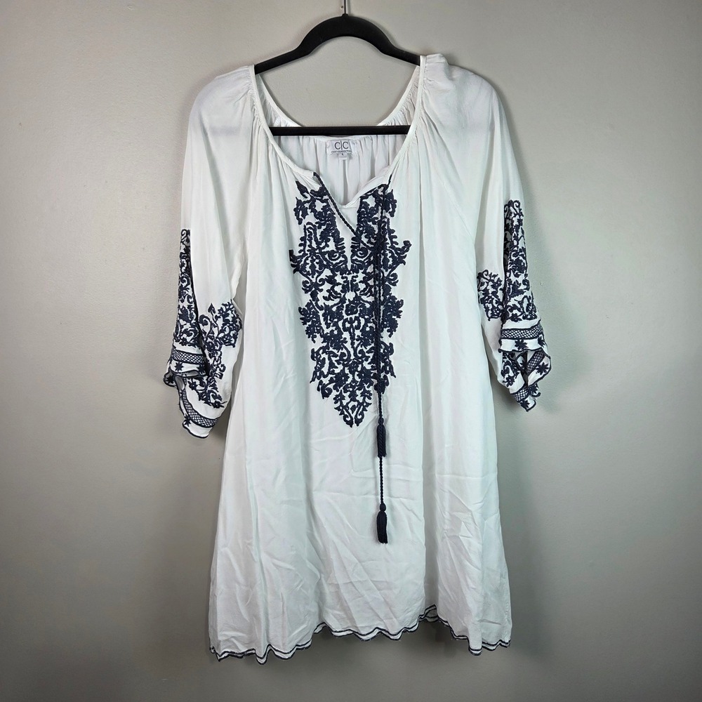 Chic Connection Embroidered Tunic Women Large White Excellent Boho Tassel Top
